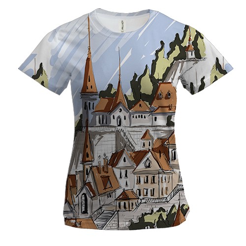 Женская 3D футболка с городом в горах