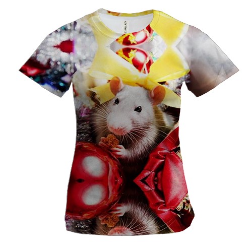Женская 3D футболка с новогодней крысой и подарками 2020