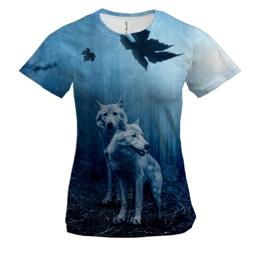 Женская 3D футболка с белыми волками в лесу