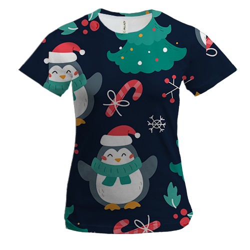 Жіноча 3D футболка Новорічний патерн. пінгвіни 1