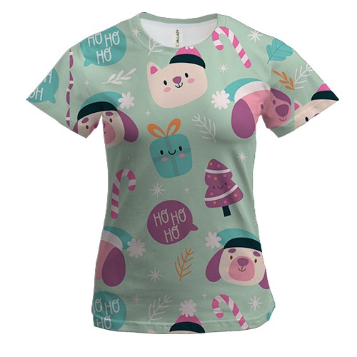 Жіноча 3D футболка Новорічний патерн. Коти і собаки