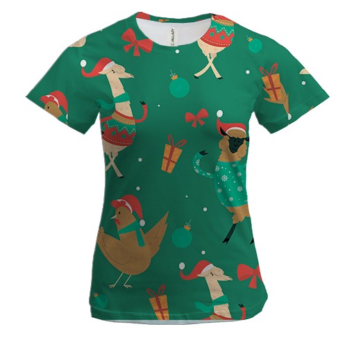 Женская 3D футболка Новогодний паттерн. Ламы