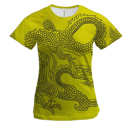 Женская 3D футболка с черным драконом на желтом фоне