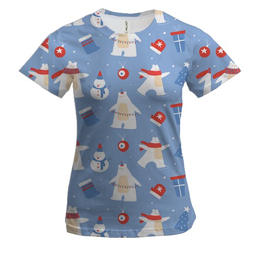 Жіноча 3D футболка Новорічний патерн. ведмеді 1
