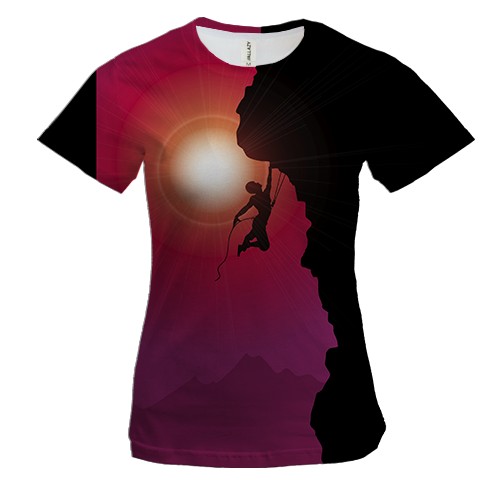 Женская 3D футболка со скалолазом и закатом