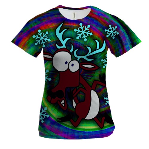 Женская 3D футболка с новогодним оленем в спектре
