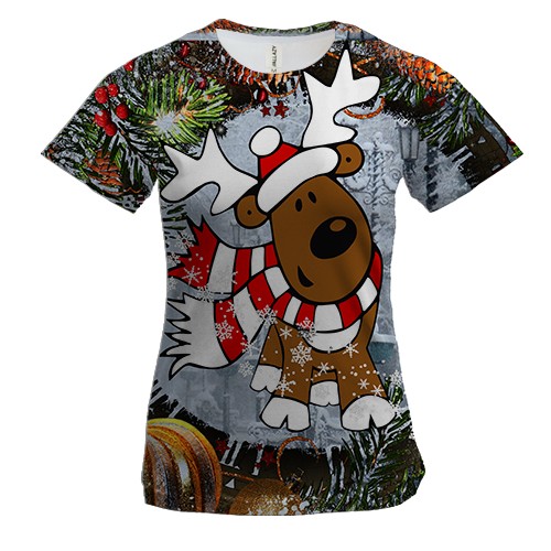Жіноча 3D футболка с новогодним оленем Рудольфом на новогоднем фоне