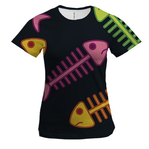 Женская 3D футболка с разноцветными скелетами рыб