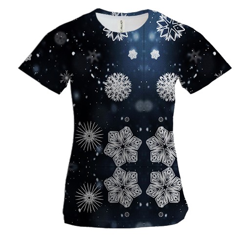 Женская 3D футболка с большими снежинками