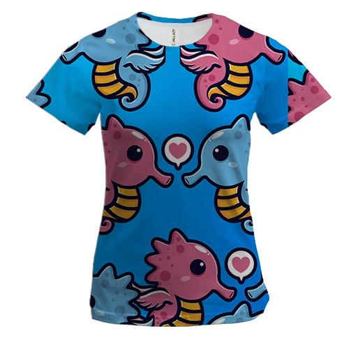 Женская 3D футболка с влюбленными морскими коньками
