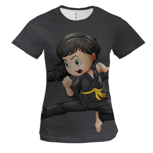 Жіноча 3D футболка з дівчинкою каратісткойв чорному