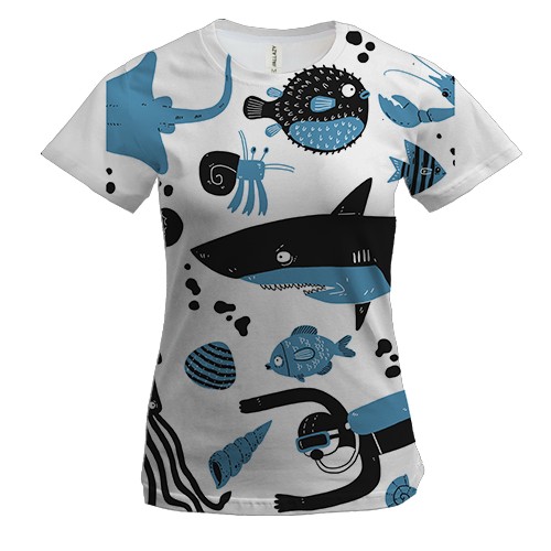 Женская 3D футболка с дайвером и рыбками