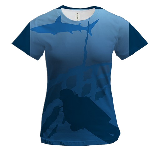 Женская 3D футболка с дайвером и акулой