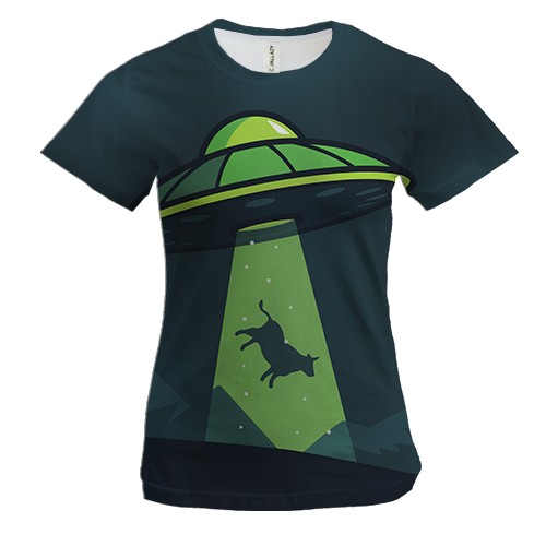 Женская 3D футболка с тарелкой похищающей корову