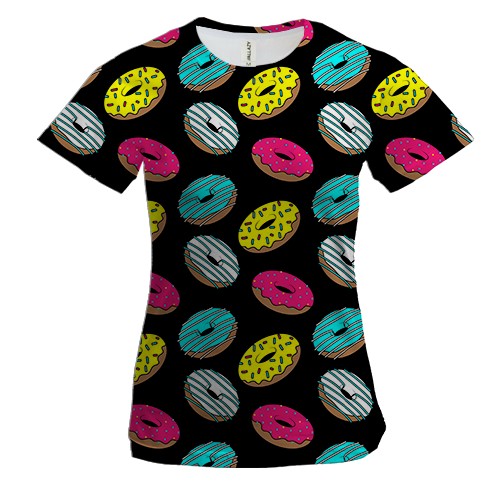 Женская 3D футболка Пончики на чёрном