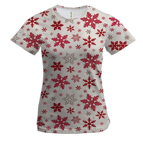 Женская 3D футболка с красными снежинками