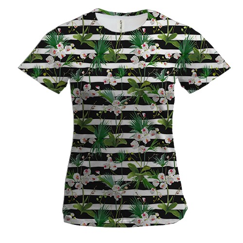 Женская 3D футболка с цветами на черно-белых полосах