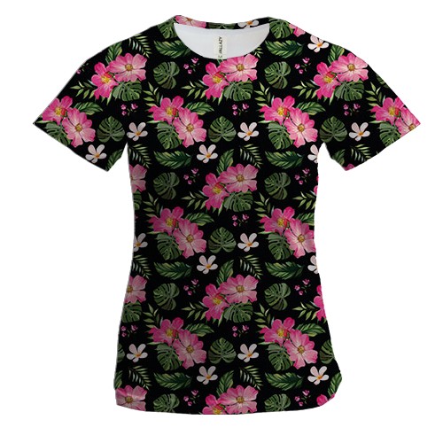 Женская 3D футболка с орхидеями на черном фоне