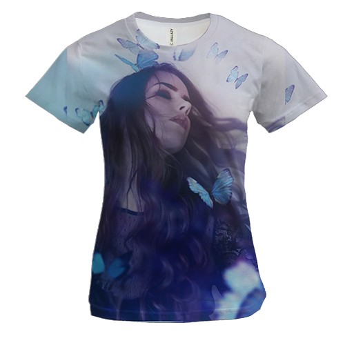 Женская 3D футболка Девушка с голубыми бабочками