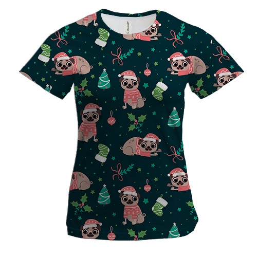 Жіноча 3D футболка Новорічний патерн. мопси