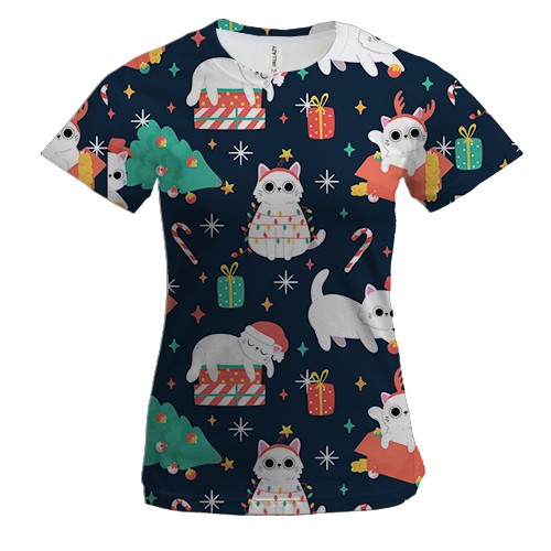 Женская 3D футболка Новогодний паттерн. Коты