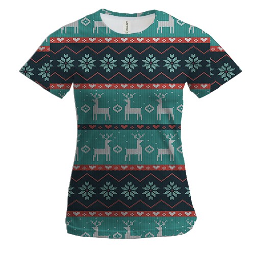 Женская 3D футболка Новогодний орнамент. Олени 4