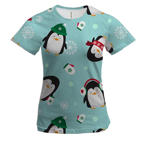 Женская 3D футболка Новогодний паттерн. Пингвины