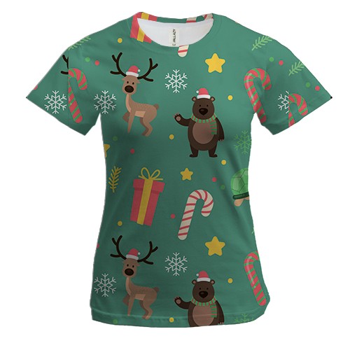 Женская 3D футболка Новогодний паттерн 14