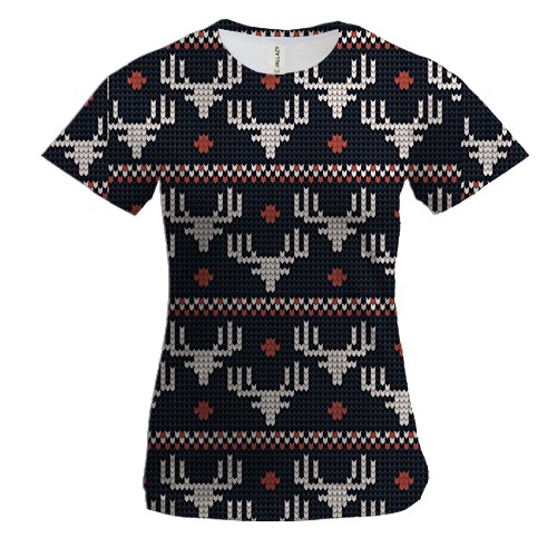 Женская 3D футболка Новогодний орнамент. Олени 3