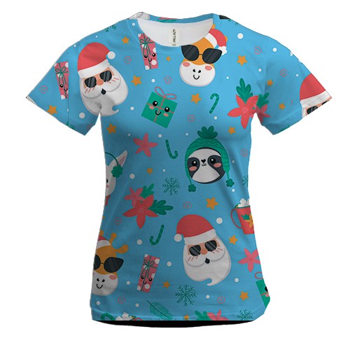 Жіноча 3D футболка Новорічний патерн. Дід Мороз 1