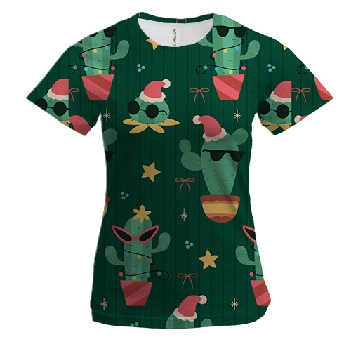 Жіноча 3D футболка Новогодний паттерн. Кактус