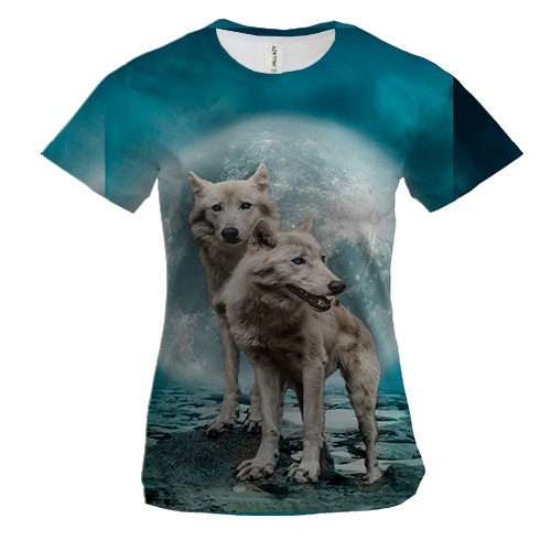 Женская 3D футболка Волки на фоне луны