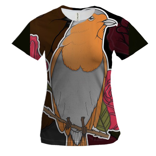 Жіноча 3D футболка з птицею і трояндою