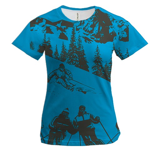 Женская 3D футболка Лыжники на горе