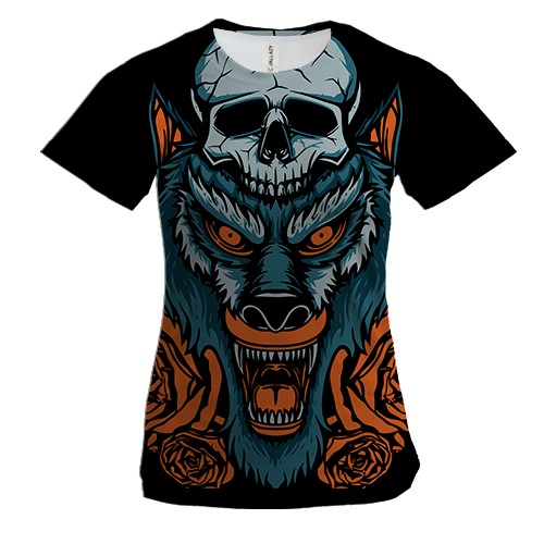 Женская 3D футболка Волк с черепом