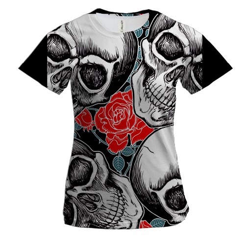 Женская 3D футболка с черепами и розой