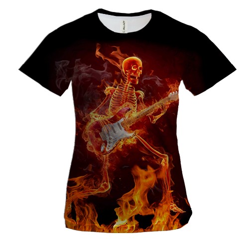 Жіноча 3D футболка Вогняний скелет з гітарою