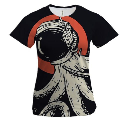 Женская 3D футболка с белым осьминогом и шлемом