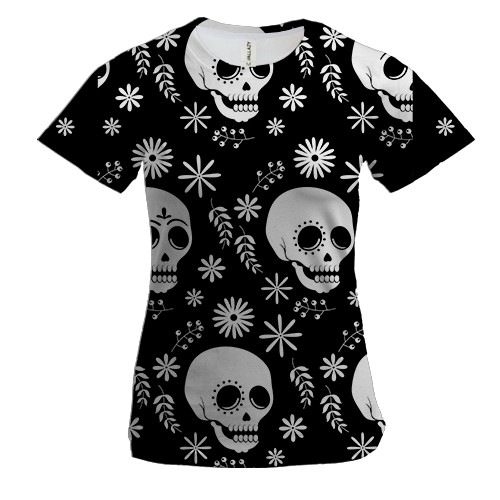 Женская 3D футболка с черепами и цветочками