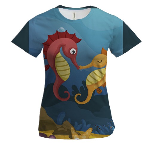 Женская 3D футболка с парочкой морских коньков