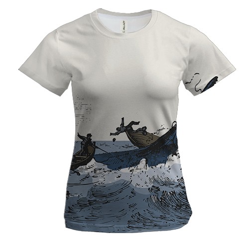 Женская 3D футболка с рыбаками и китом