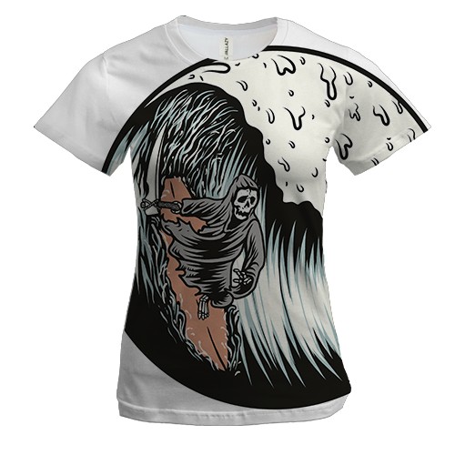 Женская 3D футболка со скелетом и серфингом