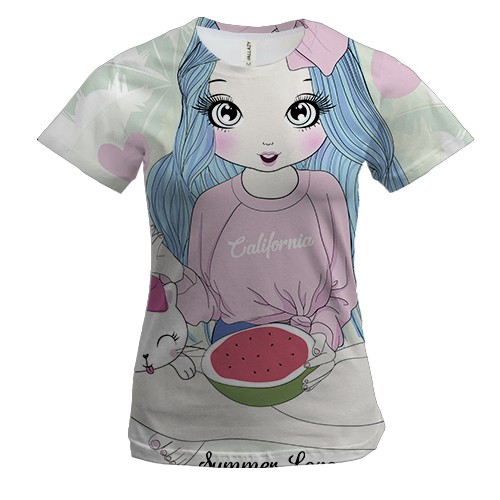 Жіноча 3D футболка з дівчиною з котом Summer love