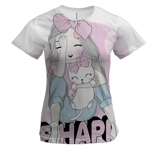 Женская 3D футболка с девушкой с котом Be happy