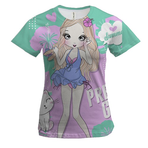 Женская 3D футболка с девушкой с котом Pretty girl