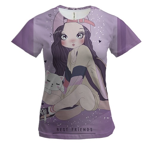 Жіноча 3D футболка з дівчиною з котом Best friends