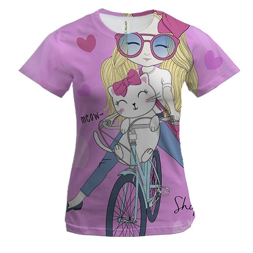 Женская 3D футболка с девушкой на велосипеде с котом