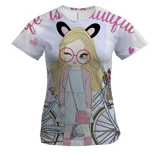 Женская 3D футболка с девушкой с котом и велосипедом