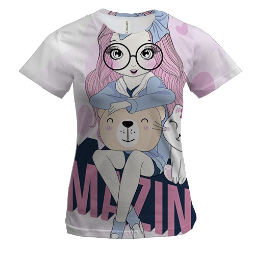 Женская 3D футболка с девушкой с котом Amazing