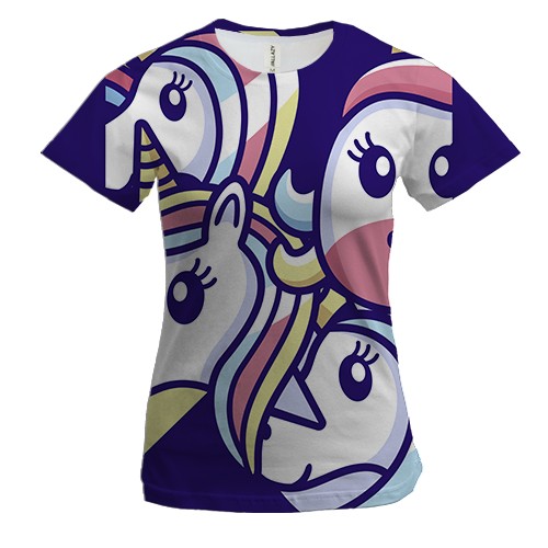 Женская 3D футболка с разными единорогами